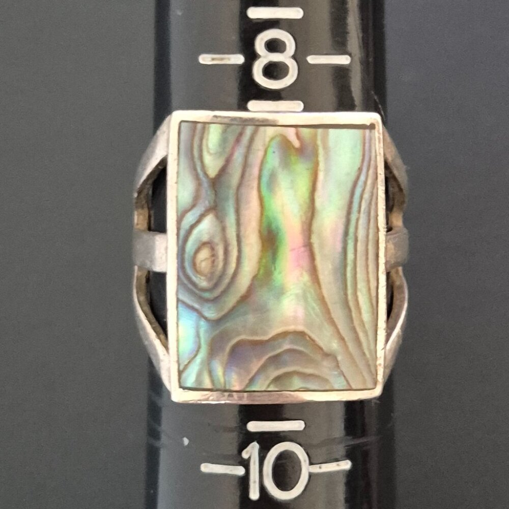 Modernist 925 Sterling Silver Rectangle Abalone Statement Ring Size 9